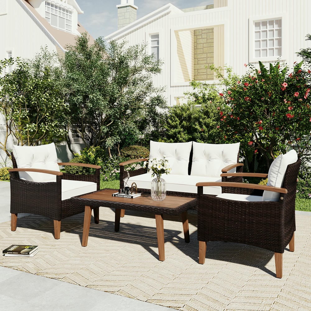 Kadyn 4-Piece Patio Seating Set, Patio Furniture Set, Patio Furniture Set, Wicker Garden Furniture with Wood Table and Legs, PE Rattan Outdoor Sofa Set for Balcony, Beige