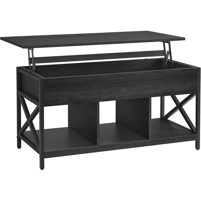 VASAGLE Mesa de Centro Elevable, Mesa Centro con Compartimentos Ocultos y Estante de Almacenamiento, para Salón, Estructura de Acero, 50 x 100 x (49-62) cm, Negro con Veta de Madera
