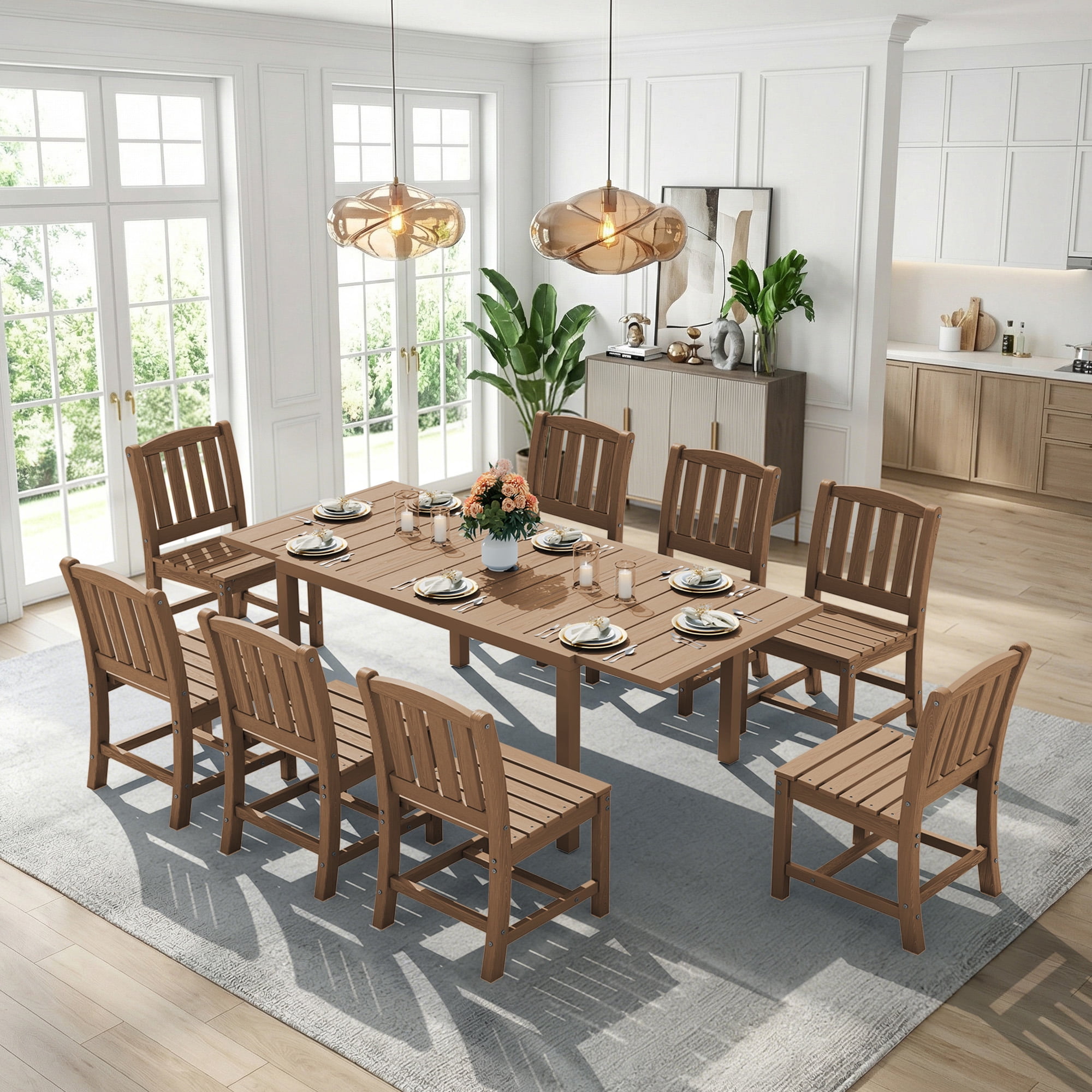 SERWALL 9-Piece Outdoor Dining Set with Expandable Patio Dining Table and 8 Chairs, 60–83 Inch All-Weather HDPE Patio Furniture Sets for Backyard, Garden, Deck, Poolside - Brown