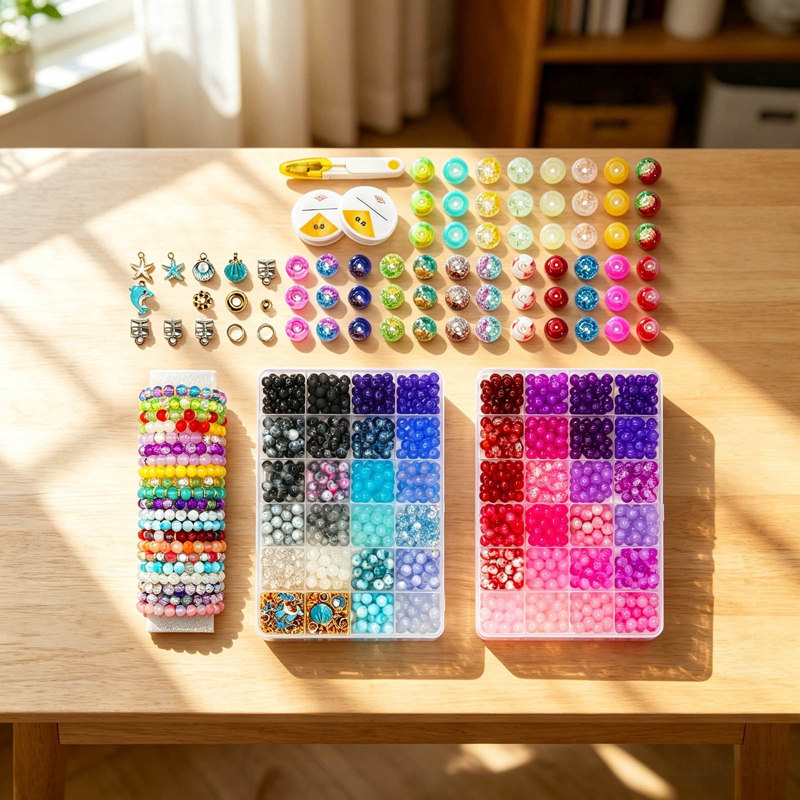 DIY Craft Kit Multicolor Glass Beads Set with Storage Box & Keychain Accessories Bracelets Making Kit for DIY Bracelet Necklace and Craft Projects