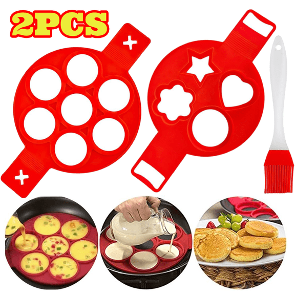 2pcs Red Silicone Pancake Mold with Brush, Multiple Shape Flip Cooker Pancake Making Molds, Non Stick and Reusable