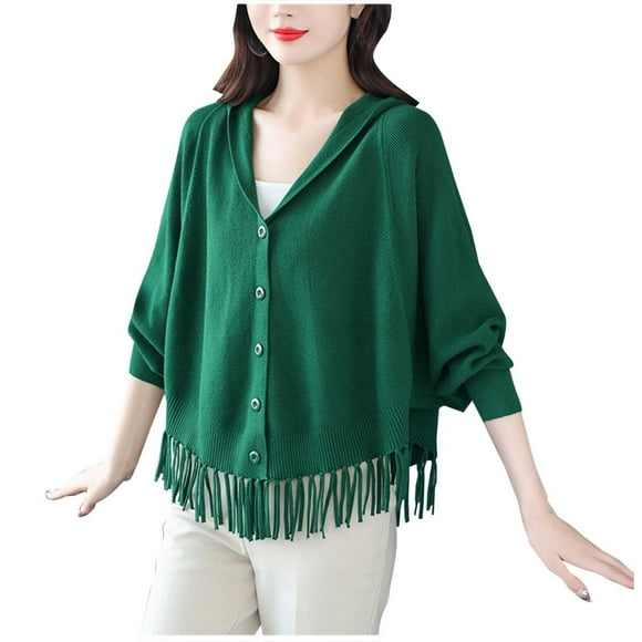 Gpaecead Women's V-Neck Long Cardigan, Solid Color Knit Open Front Sweater Coat Green