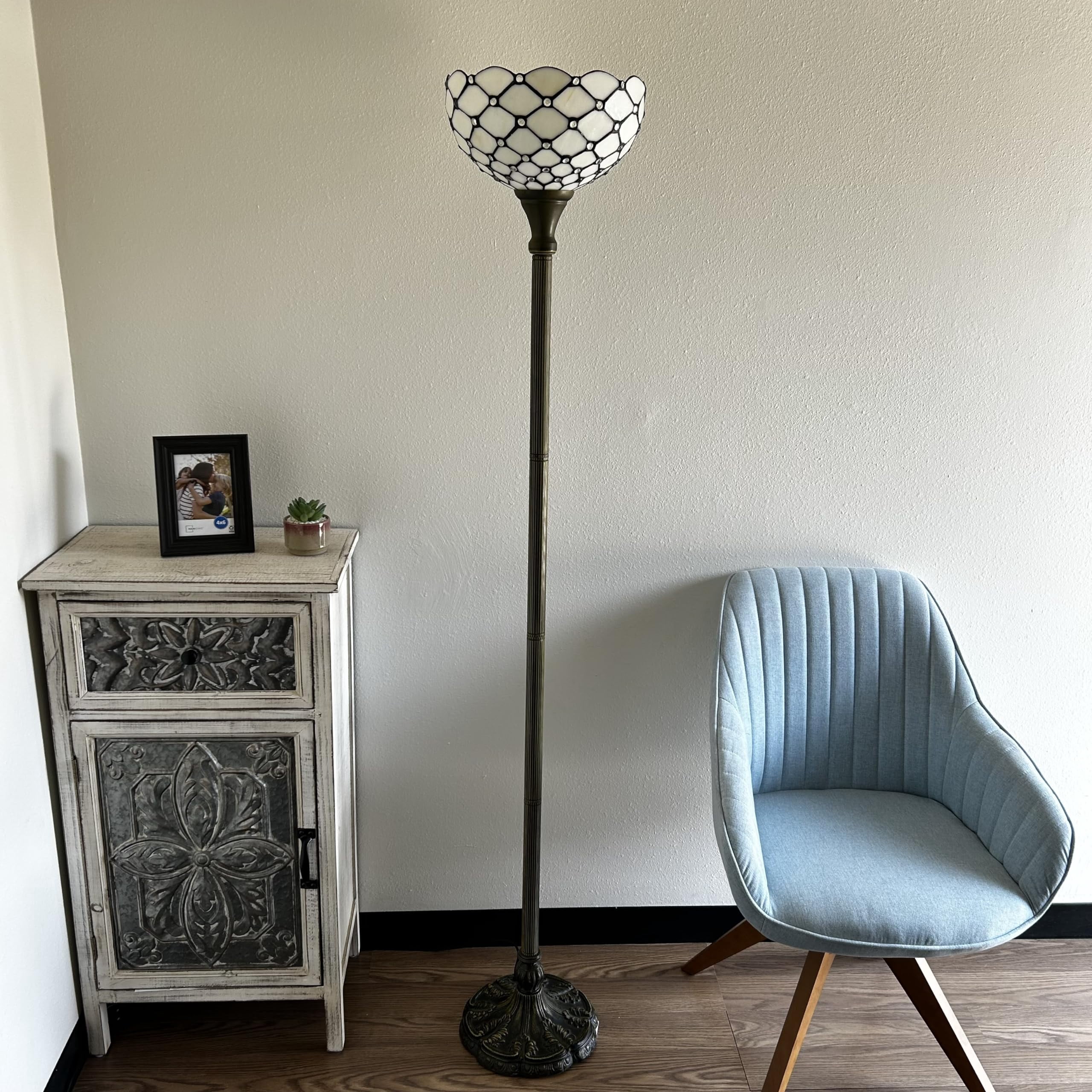 Tiffany Torch Floor Lamp White Stained Glass Crystal Beans LED Bulb Included For Living Room Bedroom Office Hotel 12"W*12'D*66"H