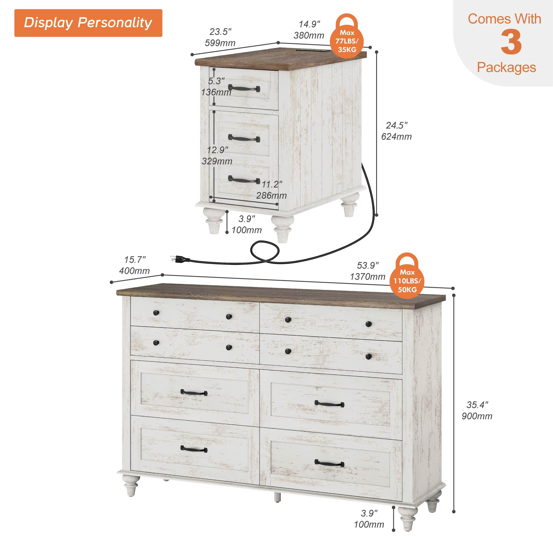 3 Piece Dresser and Nightstand Sets, Farmhouse Dresser with 8 Drawers, Set of 2 Night Stands with Charging Staion & Cabinet, 3 Piece Bedroom Set, Antique White