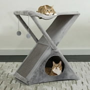 Coziwow 25.8" Foldable Cat Tree Hammock Condo Scratching Post Tower, X-frame Cat House, Gray