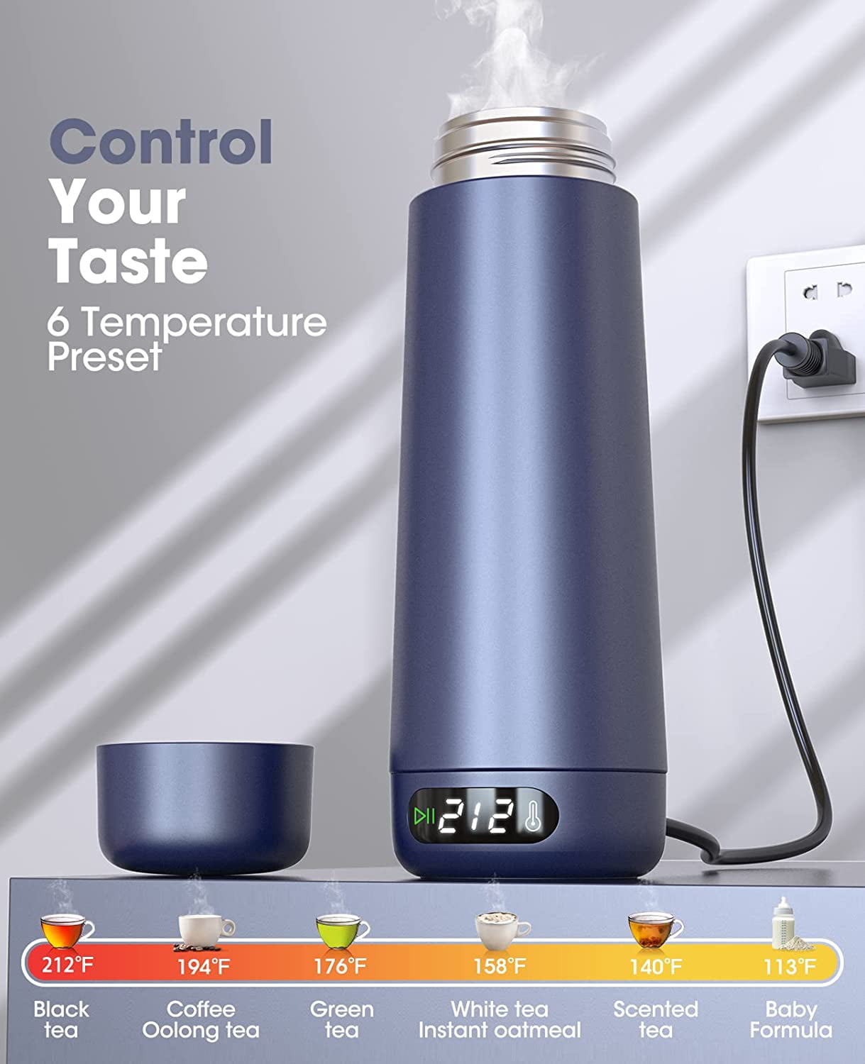 Travel Kettle, Dual Voltage Portable Electric Kettle 110V-220V-240V Smart Small Water Boiler 370ML for Tea & Coffee, 316 Stainless Steel, 6 Temperature Control and LCD Display, Global Use
