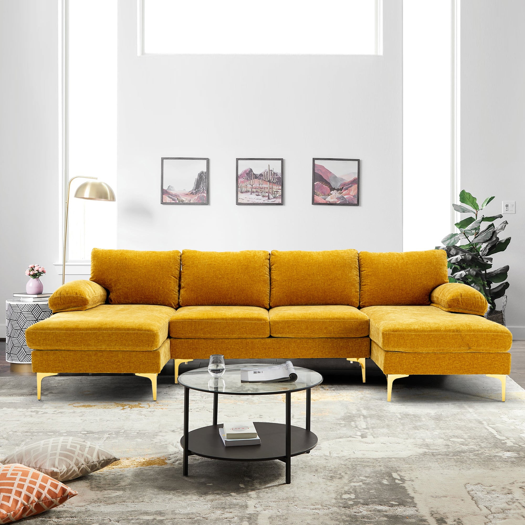 HOMEFUN 110 in W Mustard Yellow 4 piece U Shaped Fabric Modern