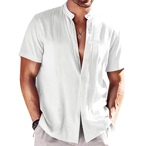 Blusa de Manga Corta Arrugada Botones Sólidos, Casual Stand-Up Cuello de los Hombres Camiseta, Poliéster Spandex Moda Superior
