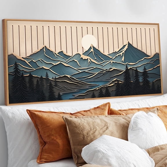 TOARTi Mountain Wooden Wall Art Framed Pine Tree Forest Sunrise Nature Hollow Out Landscape For Living Room Bedroom Office 16x32 Inch