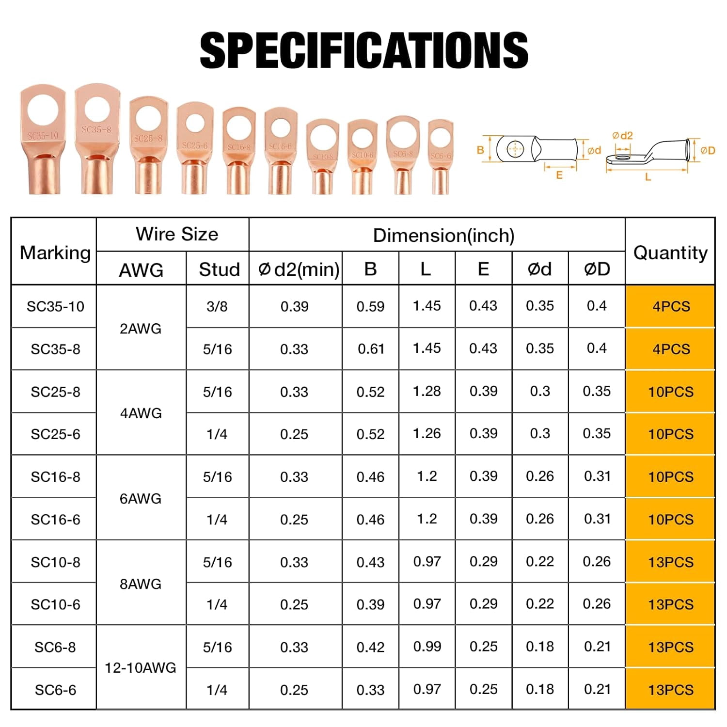 200 copper wire terminals 12108642 with heat shrink tube set, battery cable end ring terminals connector, crimp terminals suitable for automotive, marine, solar, inverter and audio applications