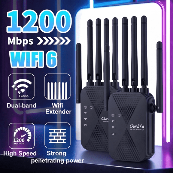 2 Pack Ourlife 2026 Dual Band WiFi Range Extender, 2.4GHz & 5GHz Signal Booster Repeater with 1200Mbps Speed, Wall-Through WiFi Amplifier, Covers up to 10000 Sq.ft (Black)
