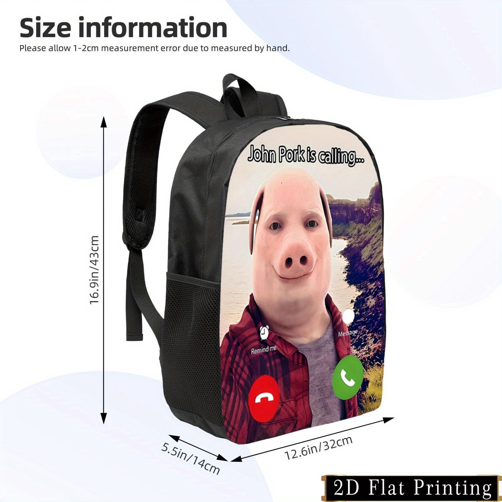 John Pork Cartoon Print Backpack Lightweight Large Capacity Foldable Bag with Adjustable Straps & Side Pockets, Casual Unisex Design for College, Travel, Daily Use, Backpack for , Secu