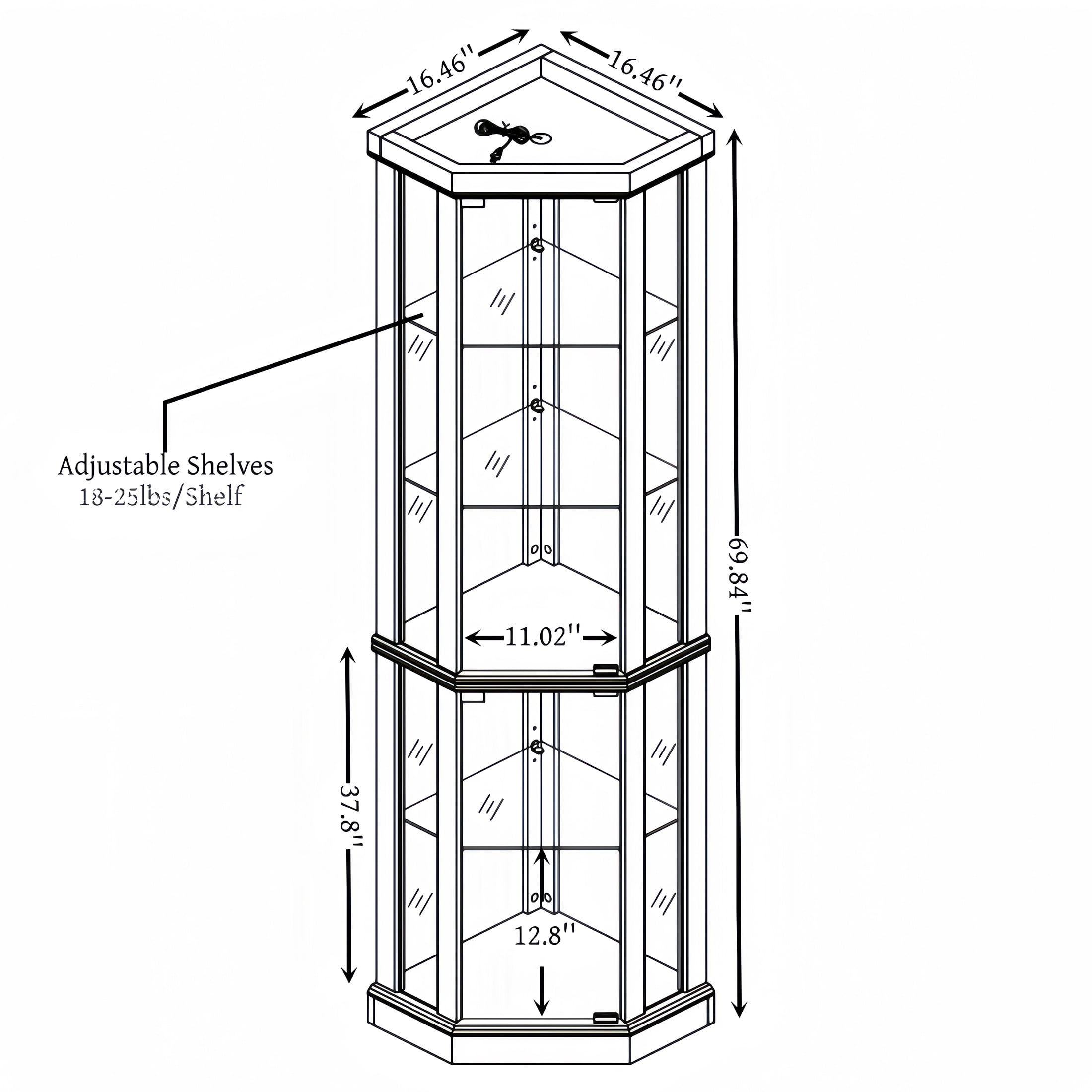 PORKISS Lighted 3-Side Glass Display Curio Cabinet with Tempered Glass Doors and Shelves, China Cabinet Wood Corner Cabinet with Bulb, Corner Curio Storage Rack for Bar, Liquor Storage, Oak
