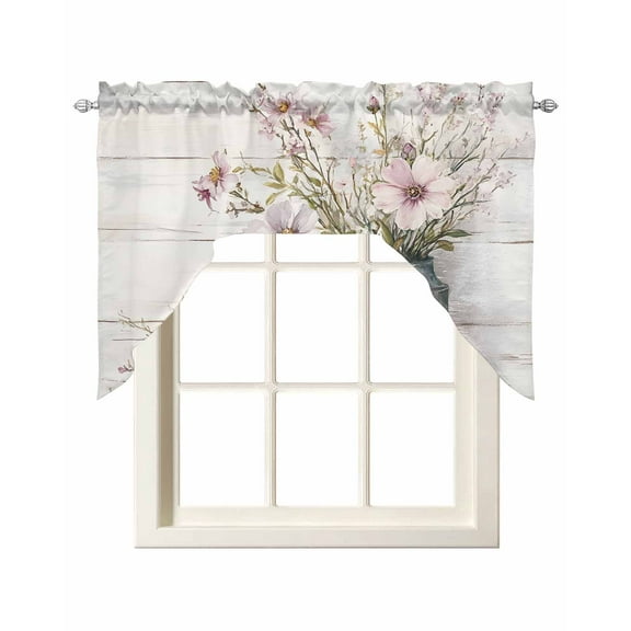 Pink Flower Kitchen Swag Valances for Windows, Farm Floral Retro Oil Painting Modern Art Swag Valances Curtains for Living Room, Rod Pocket Window Treatments for Bathroom, Bedroom, Cafe, 56"x36"