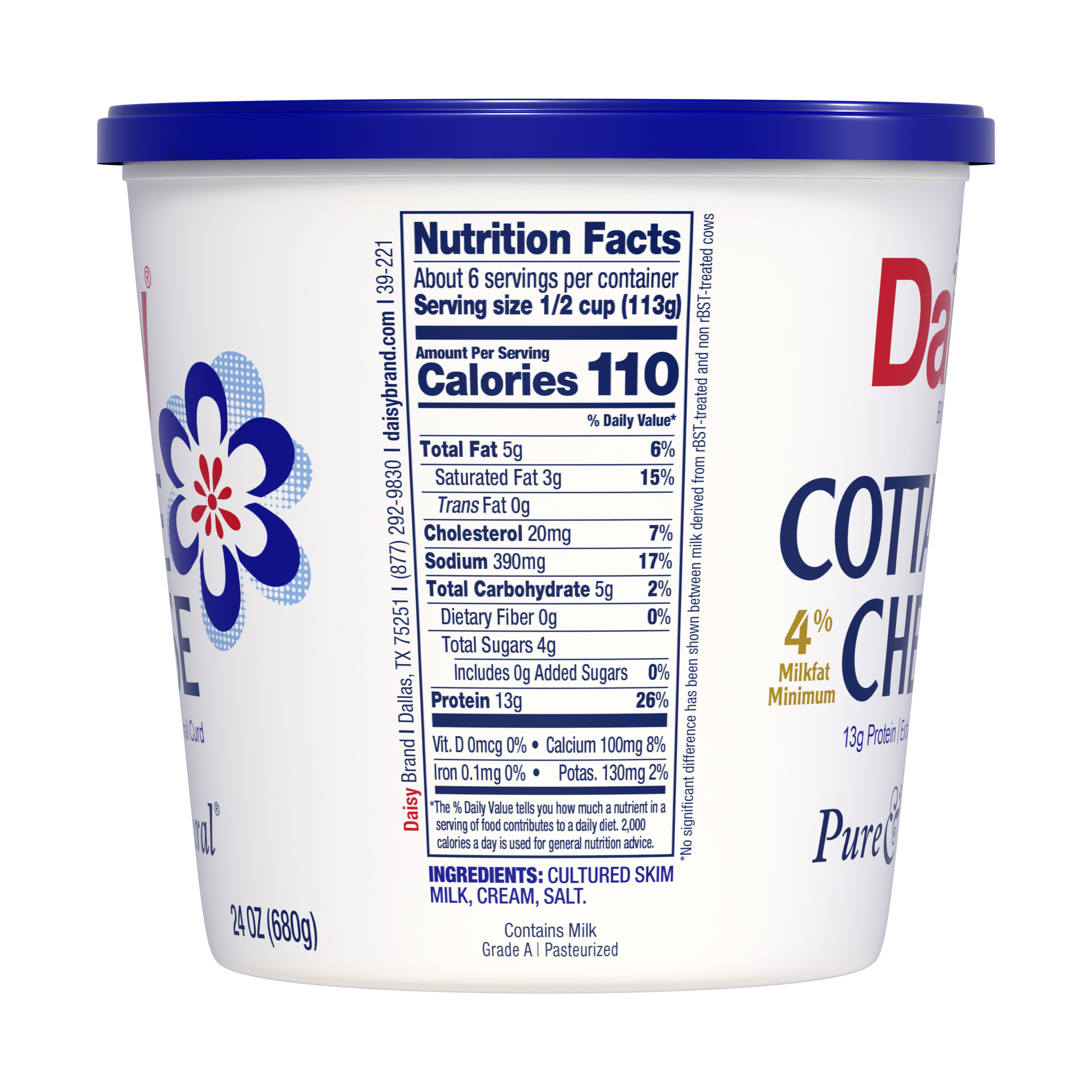 Daisy Pure and Natural Cottage Cheese, 4% Milkfat, 24 oz (1.5 lb) Tub (Refrigerated) - 13g of Protein per serving - image 3 of 10