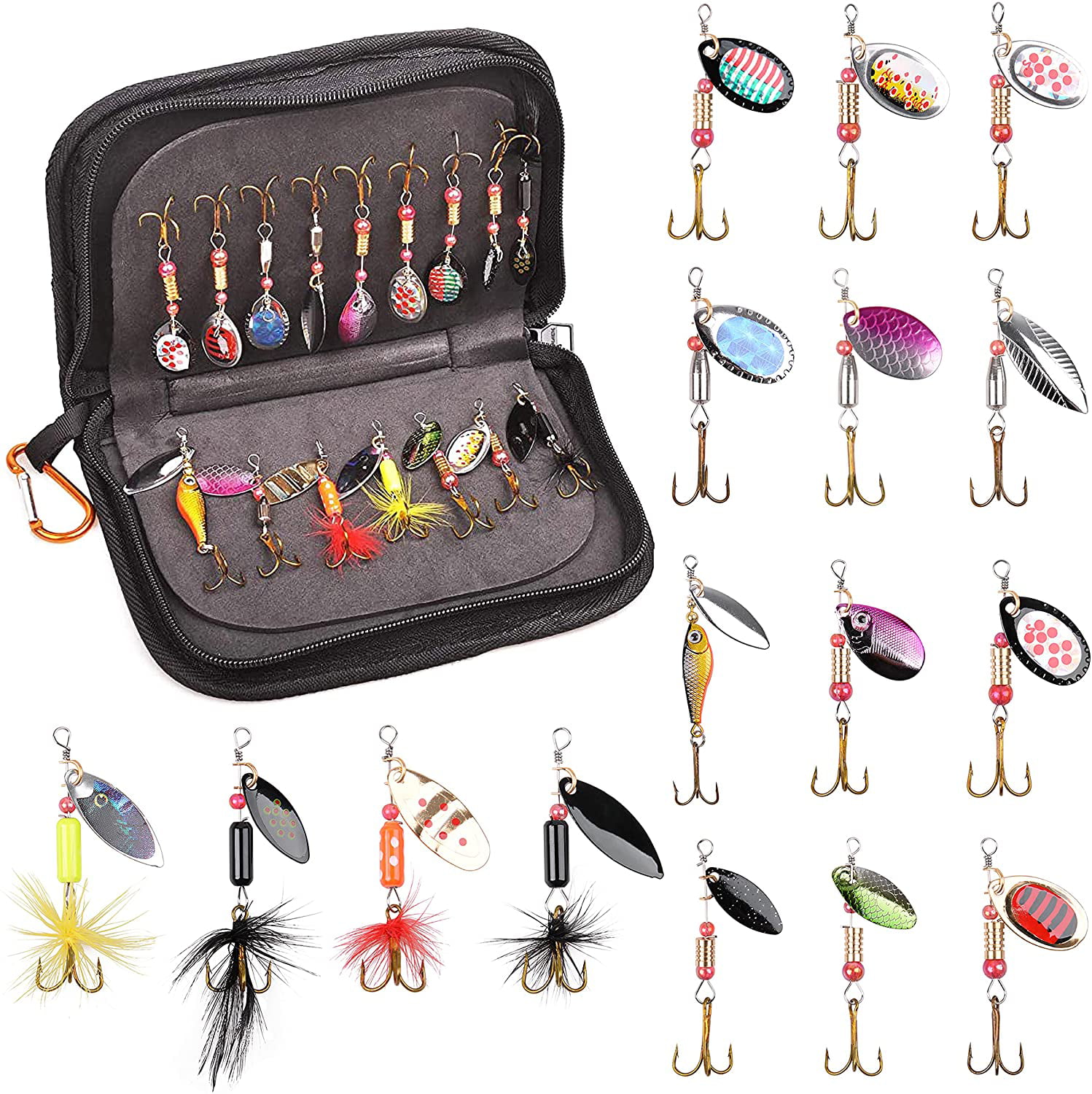 Fishing Lure Kit for Trout 16pcs Spinner Baits Feather Tail Spinner Bait  Bass Lures Hard Metal Lure kit with Portable Carry Bag 
