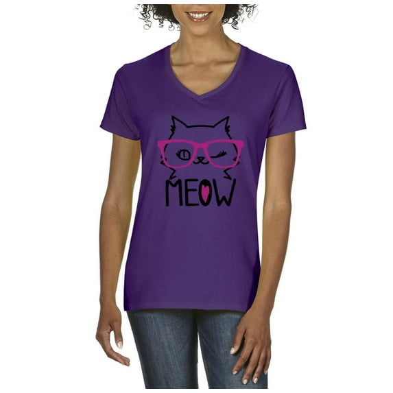NIB - Women's T-Shirt V-Neck Short Sleeve - Meow Cute Cat Kitty