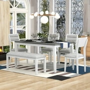 Bellemave Dining Table Set for 6, Includes Dining Table, 4 Upholstered Chairs & Bench, Wooden Classic and Traditional Style Dining Set for Living RoomWhite