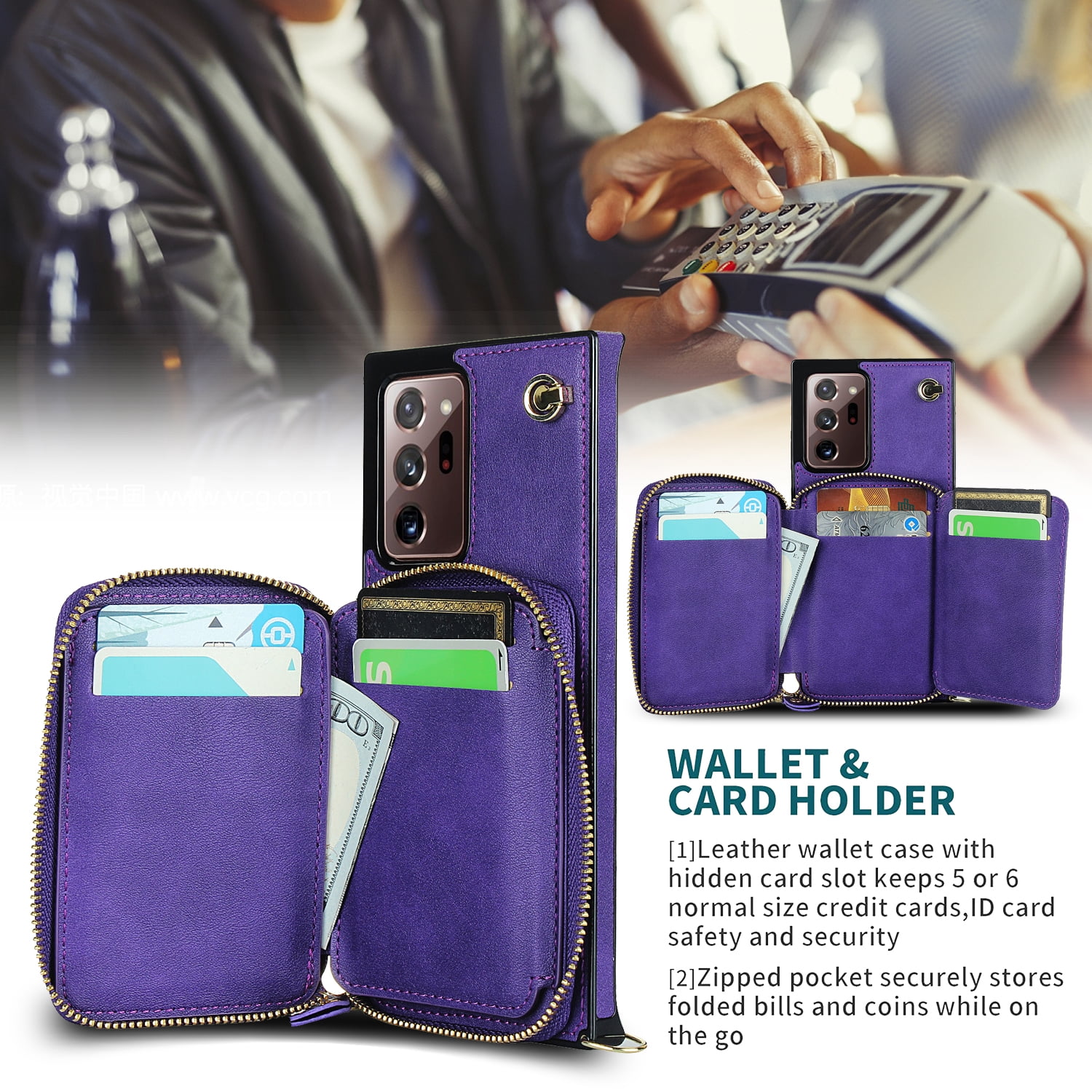 TECH CIRCLE For Galaxy Note 10+ Wallet Case,Card Holder Phone Case for Women, Zipper PU Leather Purse Kickstand Folio Flip Case with Crossbody Strap for Samsung Galaxy Note 10 Plus 5G 6.8” 2019,Purple