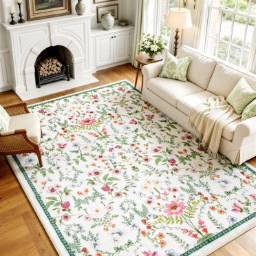 WANLISELL 6'x9' Area Rugs for Living Room, Green Floral Indoor Printed Carpet, Soft Washable Rug Low-Pile Large Boho Rug for Bedroom, Dinging Room, Office, Playroom, Home Decor