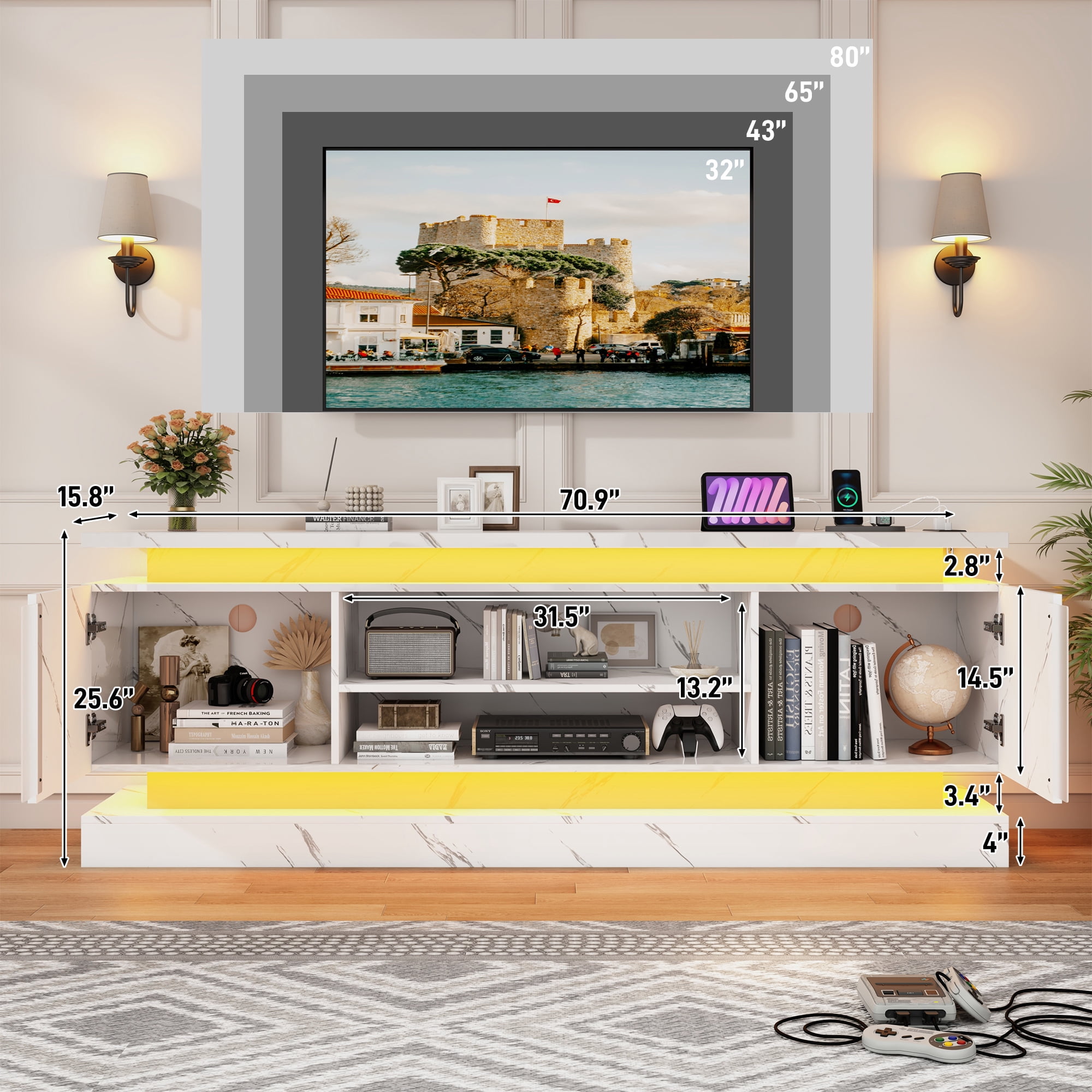 ChVans 71" LED TV Stand for TVs up to 85" with Power Outlets, Marble High Gloss Surface, 2 Storage Cabinet, Modern Style, TV Media Console with Storage, Marble Black