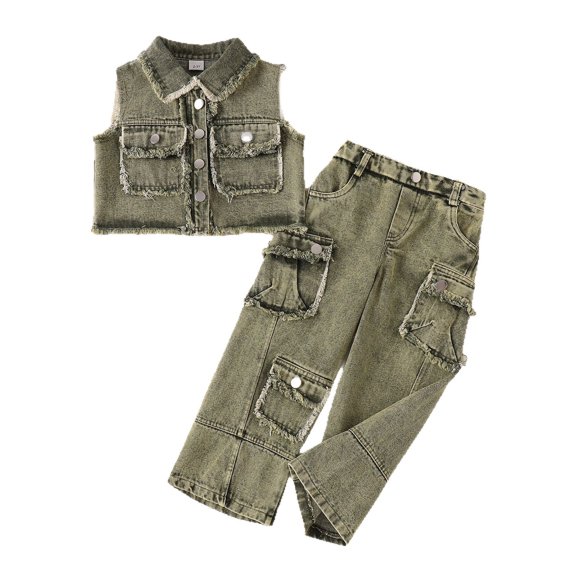 Bainana Girls Denim Outfit Set Kids Solid Color Sleeveless Button Down Collar Vest And Pants Set Stylish Fit Retro Toddler Girls Summer Streetwear Clothes Size 2-3 Years Army Green