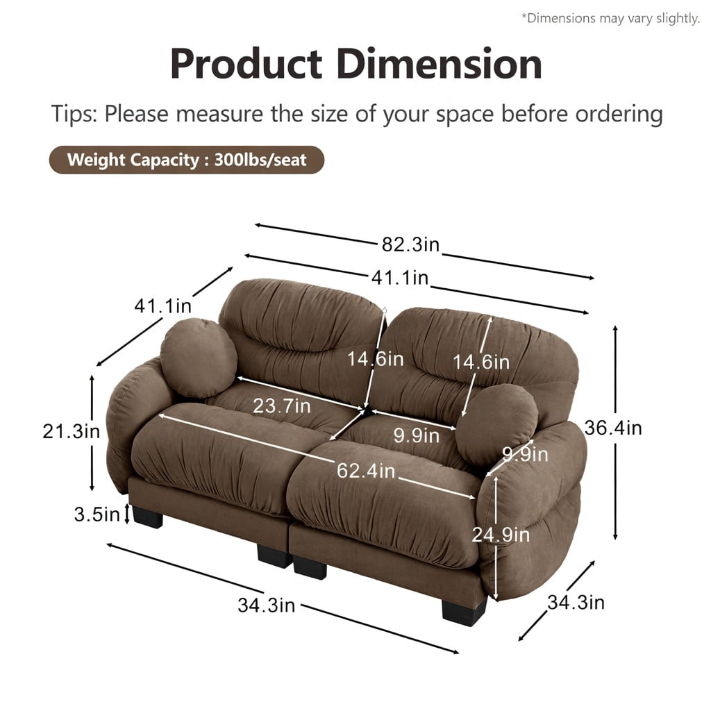 Hommoo 2-Seater Modular Chenille Sofa, Pleated Back Design, Ergonomic High-Density Foam, Curved Armrests & 2 Throw Pillows, Brown