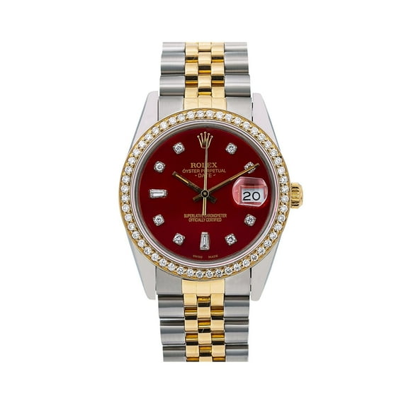 Pre-Owned Rolex Oyster Perpetual Diamond Watch, Date 15053 34mm, Red Diamond Dial With Two Tone Jubilee Bracelet