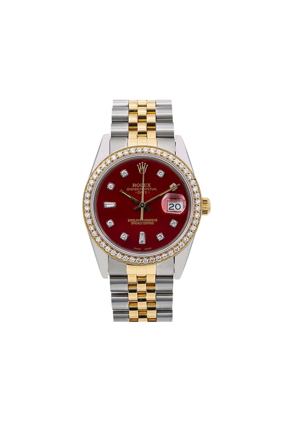 Pre-Owned Rolex Oyster Perpetual Diamond Watch, Date 15053 34mm, Red Diamond Dial With Two Tone Jubilee Bracelet