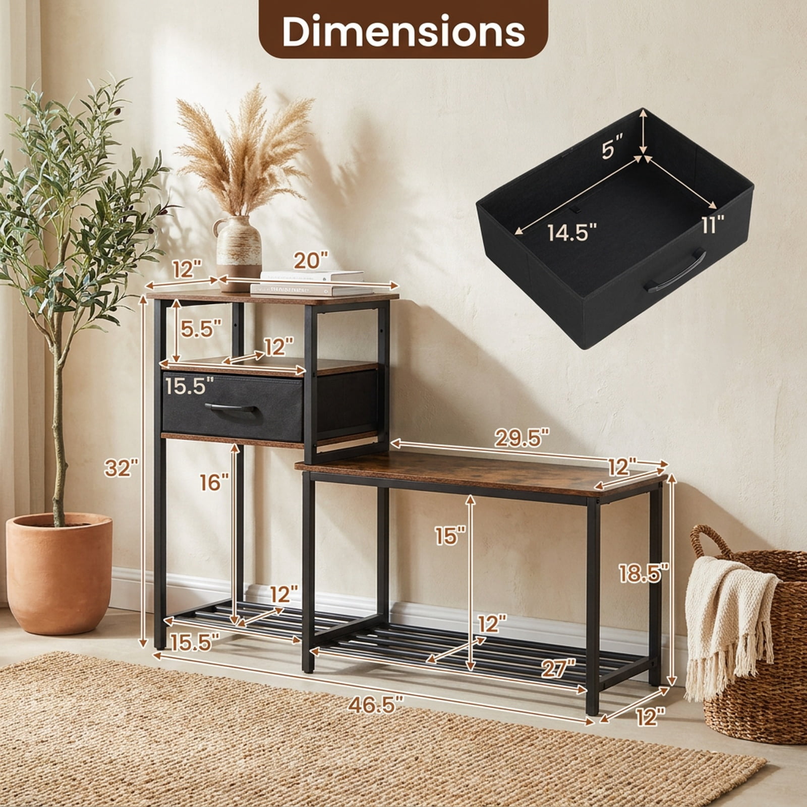 Furnibear 3 Tier Shoe Storage Rack Bench with Fabric Drawer and Metal Frame for Entryway Shoe Bench with Storage, Rustic Brown