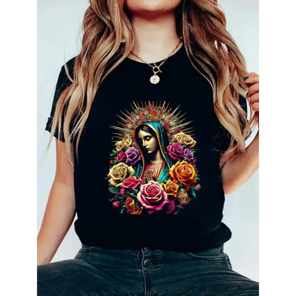 Our Lady Virgen De Guadalupe Virgin Mary T-Shirt Print Women's Round Neck Short Sleeve T-Shirt Fashion Graphic Tees Women Top
