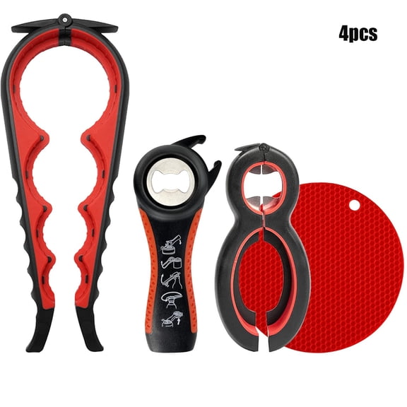 Can opener suitable for elderly people with weak hands and arthritis, 5-in-1 multifunction bottle opener, non-slip rubber jar lid opener, specially designed for hands with arthritis. (Red)