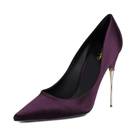 XYD Women Classic Slip On Pumps Stiletto Metal High Heels Pointy Closed Toe Formal Party Satin Shoes Size 13.5 Purple