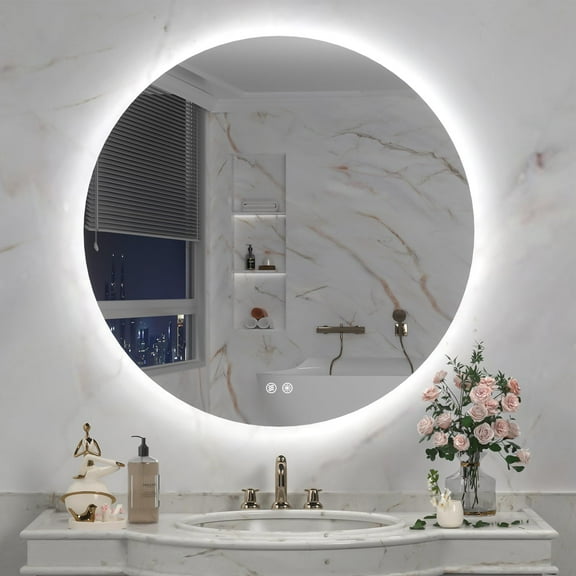 LED Round Bathroom Mirror, 32 Inch Backlit Wall Mounted Bathroom Mirror with Lights, Frameless Vanity Mirror with 3 Color Lights, CRI 95 , Anti-Fog, Shatter-Proof