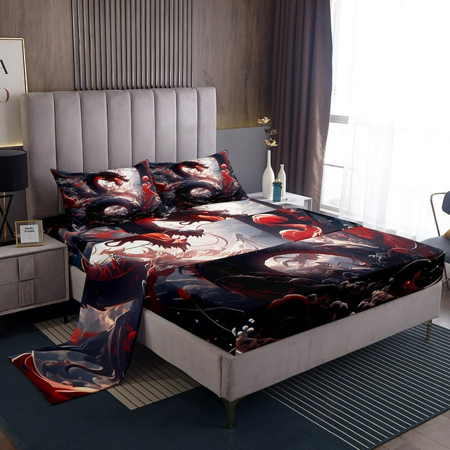 Draps Complets Dragon Magique Noir et Rouge Ensemble de Lit Dragon, Ensemble de Draps Animaux Magiques Ensemble de Draps Faune Ancienne Orientale, Ensemble de Literie Nuages Blancs