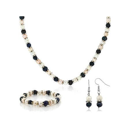 Multi-Color Cultured Freshwater Pearl Necklace Earrings Bracelet Set 7-8MM 18