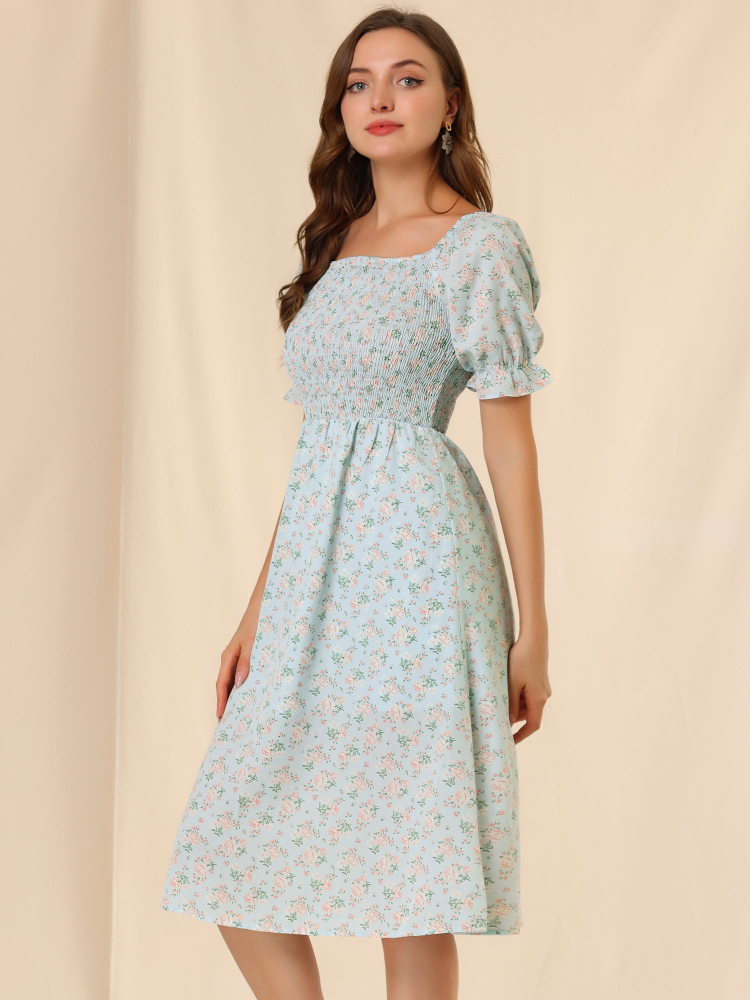 DARING DIVA Square Neck Puff Sleeves Smocked Waist Midi Floral Dres 2XL Blue