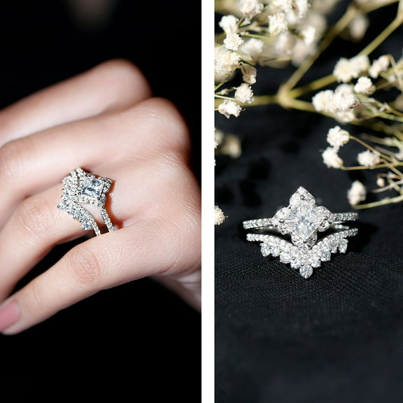 Kalapi Jewelry 1.6 Ct Princess Cut Lab-Created Moissanite Halo Engagement Ring Set for Women in 14K White Gold Plated – Bridal Wedding Ring Set, Perfect for Proposal, Gift, or Anniversary