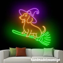 Handmadetneonsign Dachshund Witch On Broom Neon Sign, Dachshund Witch Led Sign, Dog Halloween Light 68820
