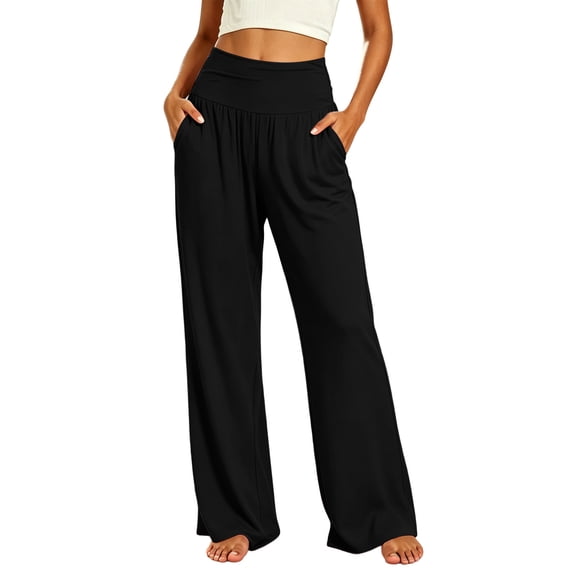 SETOOFF Women Wide Fold Over High Waist Wide Leg Palazzo Pants Loose Flow Trousers with Side Pockets Yoga Workout Lounge Beach Daily