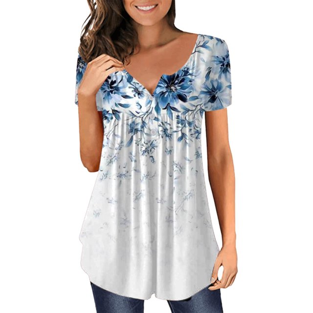 Gibobby Blusa Sexy Cuello en V Camiseta verano para mujer, camiseta informal con cuello en V, manga corta, con botones(Azul celeste,XL)
