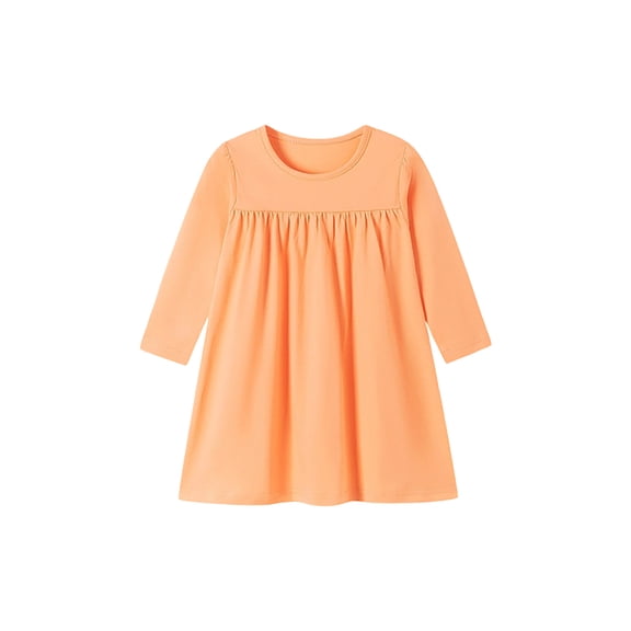 Toddler Girls Solid Color Long Sleeve Swing Dress, Crew Neck Gathered Chest A-Line Casual Kids Dress, European Style Soft Outfit for Spring Autumn Daily School Outdoor(Orange,6-7 Years)