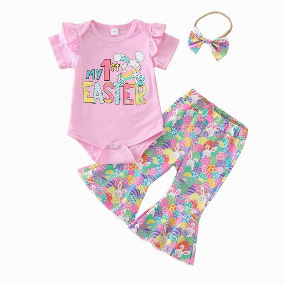 Kaprioy My First Easter Baby Girl Outfit Girls Clothes Rib Ruffle Short Sleeve Cartoon Rabbit Printed Romper Onesie Top Bell-Bottom Pants Headband Sets Cute Clothes