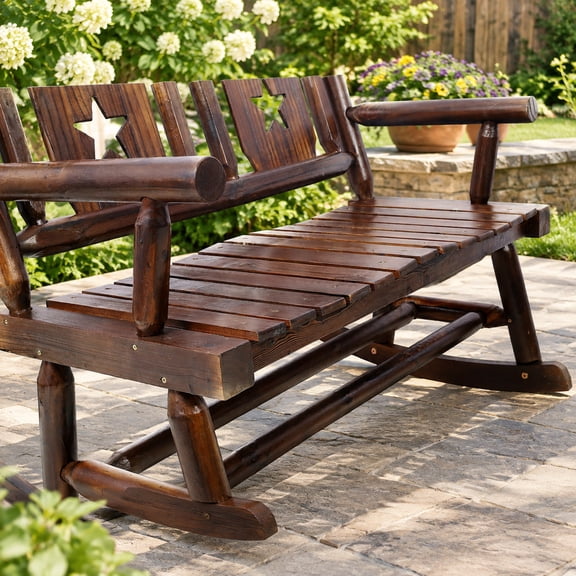 Outdoor Wood Rocking Bench Carbonized Double Rocking Chair for 2 Persons with Wide Curved Seat, Porch Rocker for Porch, Garden