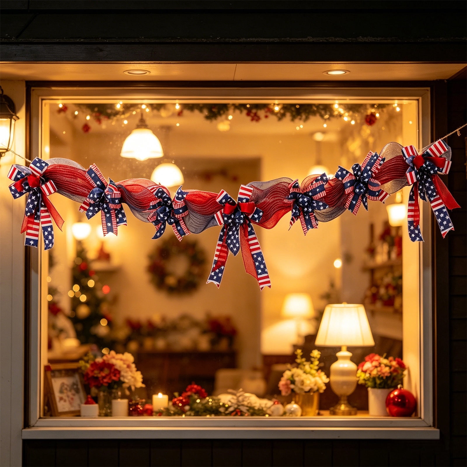 Independence Day Pull Flower 70.9 in, Red White Blue Mesh Ribbon Bow for Fireplace Door, 4th of July Party Decor with Star‑Spangled Flag