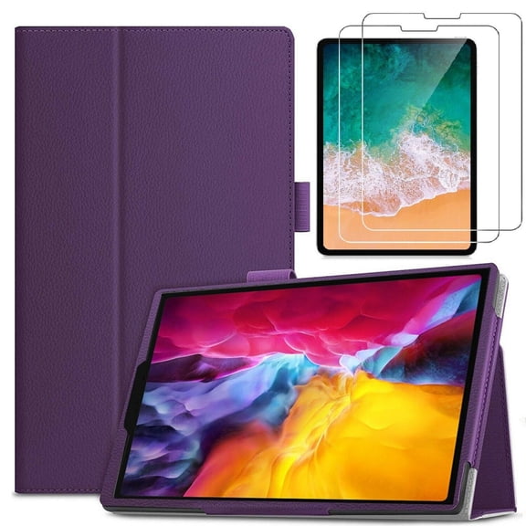 Epicgadget PU Leather Cover Case for iPad Air (5th and 4th Gen) 10.9-inch and iPad Pro 11-inch (3rd, 2nd and 1st Gen) with 2 Pieces Tempered Glass Screen Protector (Purple)