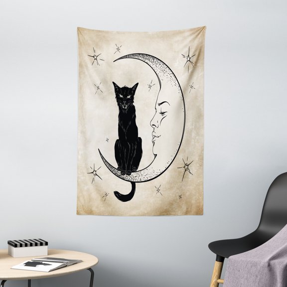 Moon Tapestry, Black Cat Sitting on White Crescent Moon Contrasting Facial Expressions Feline, Wall Hanging for Bedroom Living Room Dorm Decor, 40W X 60L Inches, Sand Brown Black, by Ambesonne