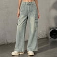 thumbnail image 2 of Levmjia Women's Cargo Jeans Wide Leg Denim Pants High Waisted Baggy Trousers with Zipper Fly Button Pockets Vintage Wash Streetwear Loose Fit, 2 of 6