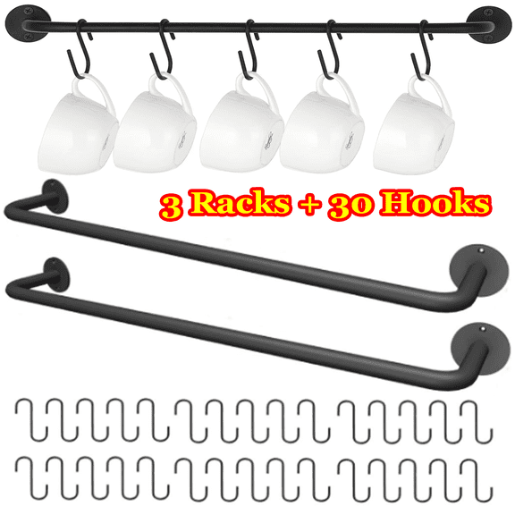 3 Pieces Mug Holder Wall Mounted Coffee Cup Rack Hanger Modern Metal with 30 Mug Hooks Rustic Utensil Tea Cups Storage Organizer for Kitchen Dining Room Coffee Bar