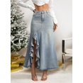 thumbnail image 3 of Medium Wash Ruffle Split Thigh Denim Skirt Long Maxi Style, 3 of 6